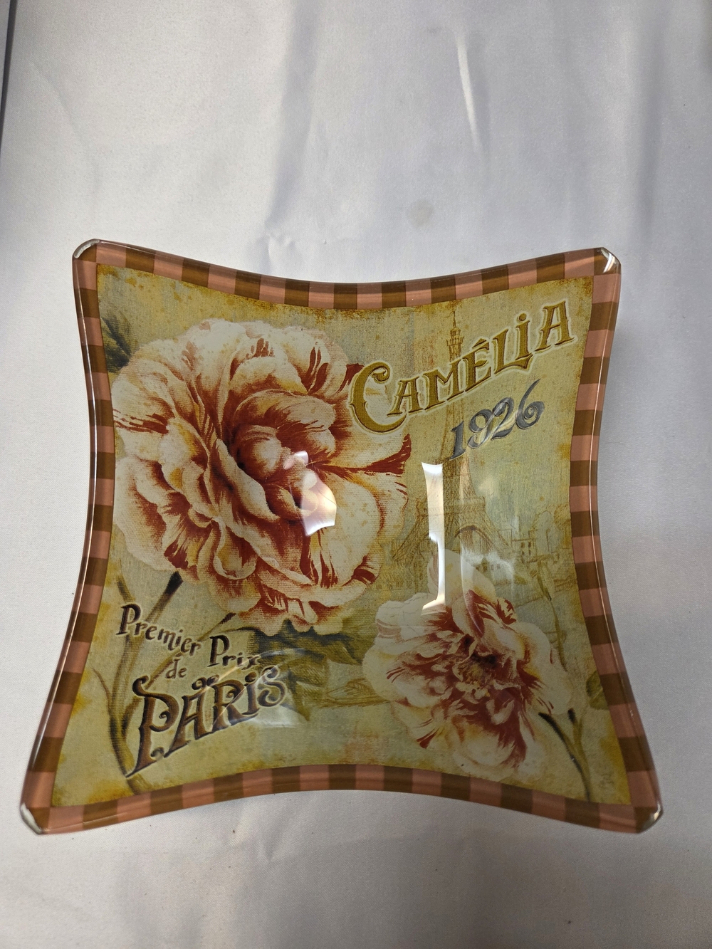Vintage Floral Glass Tray - CAMELIA 1926 Premier Prix De Paris
